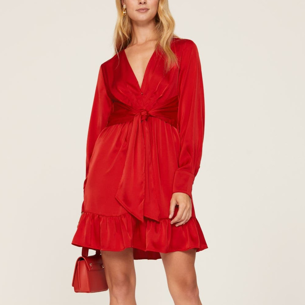 Marissa Webb Satin Dress Tie Front Long Sleeve Red 2